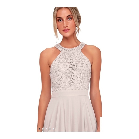 LULU'S Light Gray Picture Perfect Lace High Neck Maxi Dress Small Bridesmaid - Picture 4 of 10